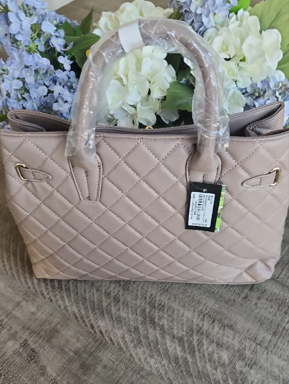 Badgley Mischka Quilted Taupe Satchel with Gold Hardware
